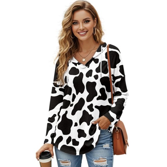 DISNIMO Cow Print Hoodies for Women Trendy Pullover Tops Waffle Sweatshirts Long Sleeve Tunics Top for Fall Winter, L