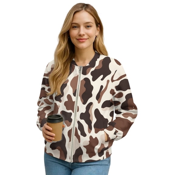 DISNIMO Cow Print Jackets for Women Zip Up Sweatshirts Long Sleeve Outwear V Neck Outwear Fall Winter Clothes, XL