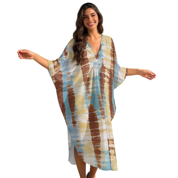 DISNIMO Cow Print Kaftan Dress for Women V Neck Batwing Sleeve Kaftan Maxi Dresses Lightweight Swimsuit Coverups Plus Size Summer Long Cover up for Bathing Suit