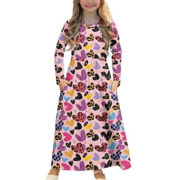 DISNIMO Cow Print Long Sleeve Dress for Kids Girls Dresses Long Sleeve Size 5-6 Girls Dresses with Pockets Kids Crew Neck Dress Girls Swing Dress Long Sleeve