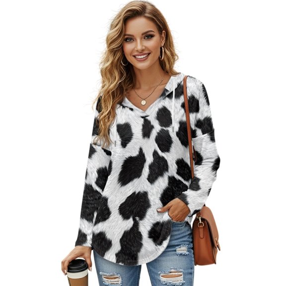 DISNIMO Cow Print Printed Hoodies for Women Long Sleeve Sweatshirts V Neck Pullover Tops Fall Winter Outfits, M