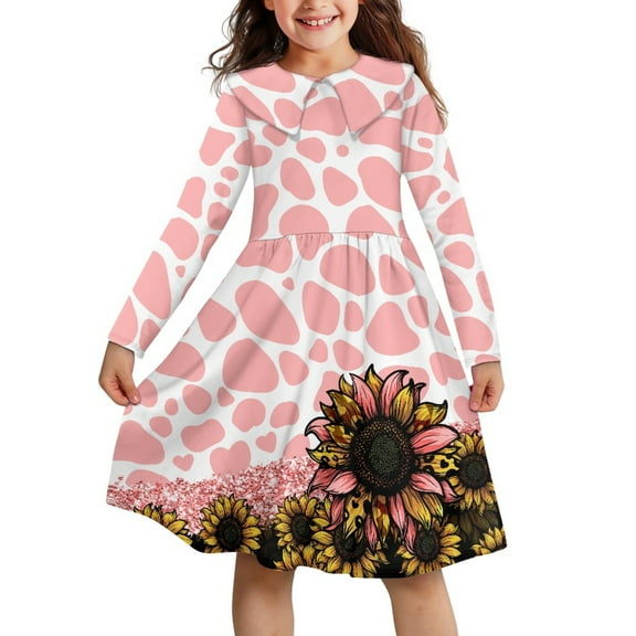 DISNIMO Cow Print Sunflower Dress for Kids Dress Child Long Sleeve Dress for Girls 7-8 Dresses Children Dress Girls Collared Dress Kids Girl Dresses with Collar Girls Twirl Dress Kids Swing Dress