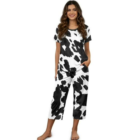 DISNIMO Cow Print Women's Short Sleeve Pajama Sets Casual 2 Piece Lounge Set Soft Sleepwear Tops and Capri Pant with Pockets, M