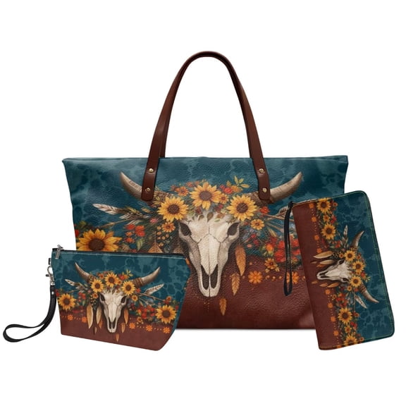 DISNIMO Cow Skull Print Handbag Wallet Set for Women Sunflower Print Tote Shoulder Bag with Make Up Bag Portable Leather Hobo Purse, Gift for Mom Wife Girlfriend