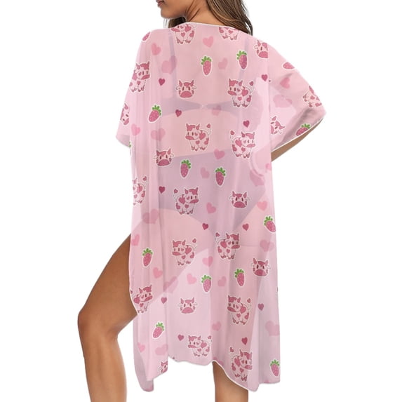 DISNIMO Cow Strawberry Heart Print Women Casual Swimsuit Cover Ups Long Kimono Cardigan Swimwear Coverup Summer Beach Hawaii Bathing Suit Cover up