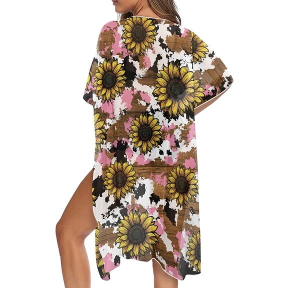 DISNIMO Cow Sunflower Print Beach Cover Ups for Women Kimono Coverups Cardigan Swimsuit Cover Up Open Front Long Bikini Bathing Suit Coverup