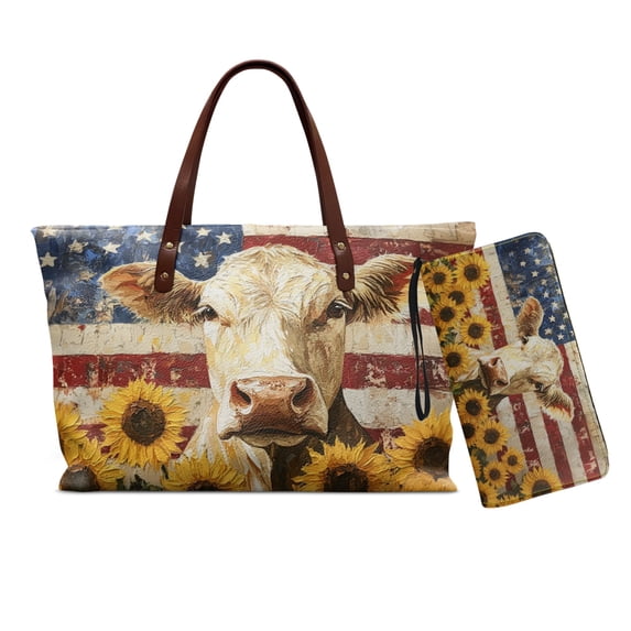 DISNIMO Cow Sunflower Print Purse and Wallet Set for Women American Flag Print Tote Satchel Handbag with Zipper Closure Stylish Shoulder Bag for Daily Use