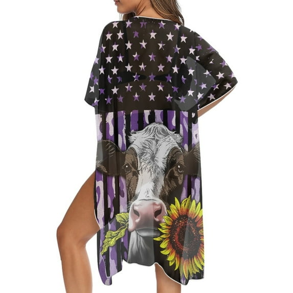 DISNIMO Cow Sunflower Print Women's Kimono Beach Cover Up American Flag Print Summer Cardigan Beach Coverups with Half Sleeve Casual Lightweight Swimwear Cover up