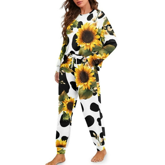 DISNIMO Cow Sunflower Print Women's Pajamas Set 2 Piece Lounge Sets Long Sleeve Sleepwear Soft Comfy Pjs Set Casual Nightwear with Long Pants Oversized Loungewear Pjs Set, S