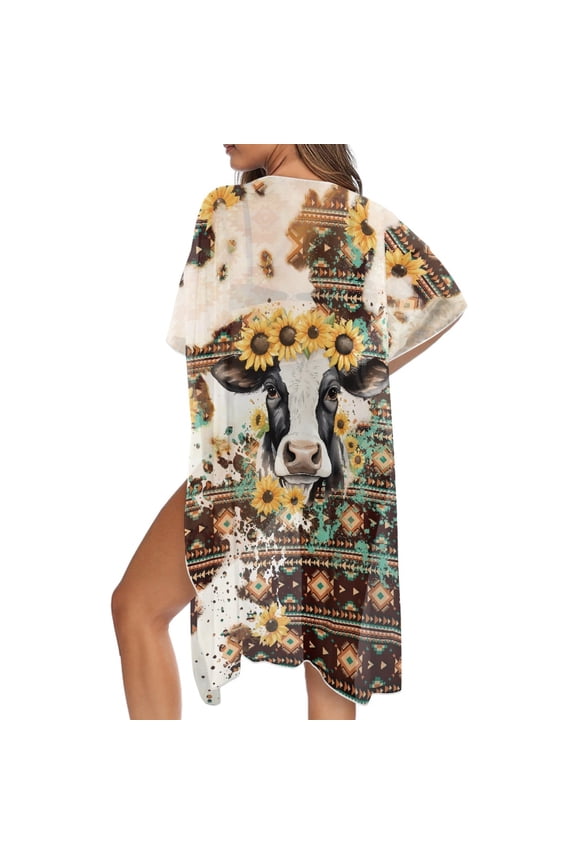 Cow Sunflower Print Womens Swimsuit Cover Ups Aztec Tribal Printed Kimono Summer Beach Cover ups Open Front Cardigan Swimwear Coverup for Women