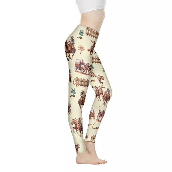 DISNIMO Cowboy Printed Yoga Pants Leggings for Women, Soft Women's Workout Leggings Tummy Control, Breathable High Waisted Yoga Pants for Workout Sport, Beige, XL