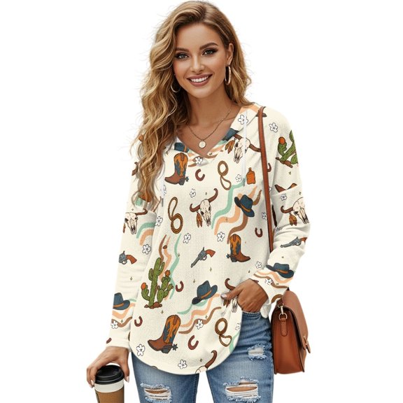 DISNIMO Cowboys Cactus Printed Sweatshirts for Women Long Sleeve Pullover Tops Waffle Pullover Tops Fall Winter Outfits, XL