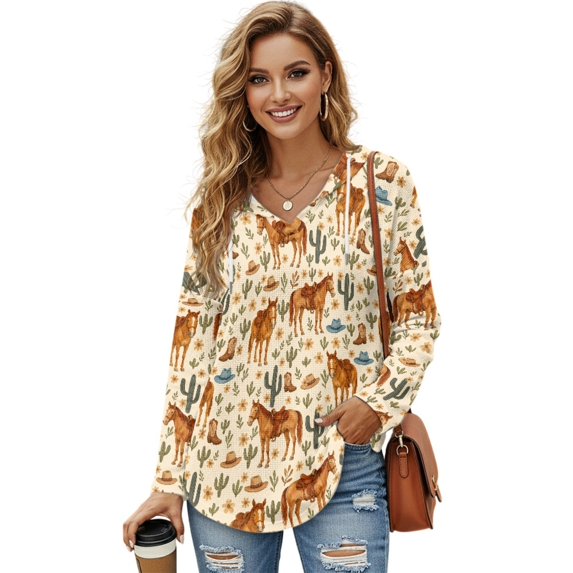 DISNIMO Cowboys Horse Printed Shirts for Women Trendy Long Sleeve Hoodies V Neck Sweatshirts Waffle Tunics Top for Fall Winter, 3XL