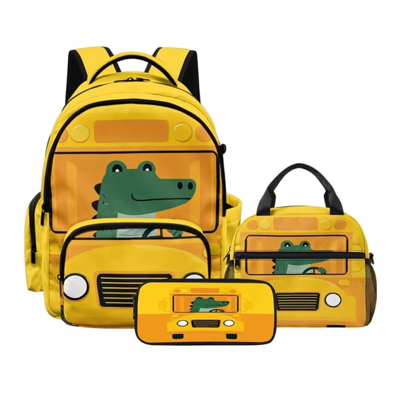 DISNIMO Crocodile School Bus Printed Backpack for Girls, 3PCS Boys Backpack with Lunch Box & Pencil Pouch, Lightweight School Bag for Preschool Elementary Students