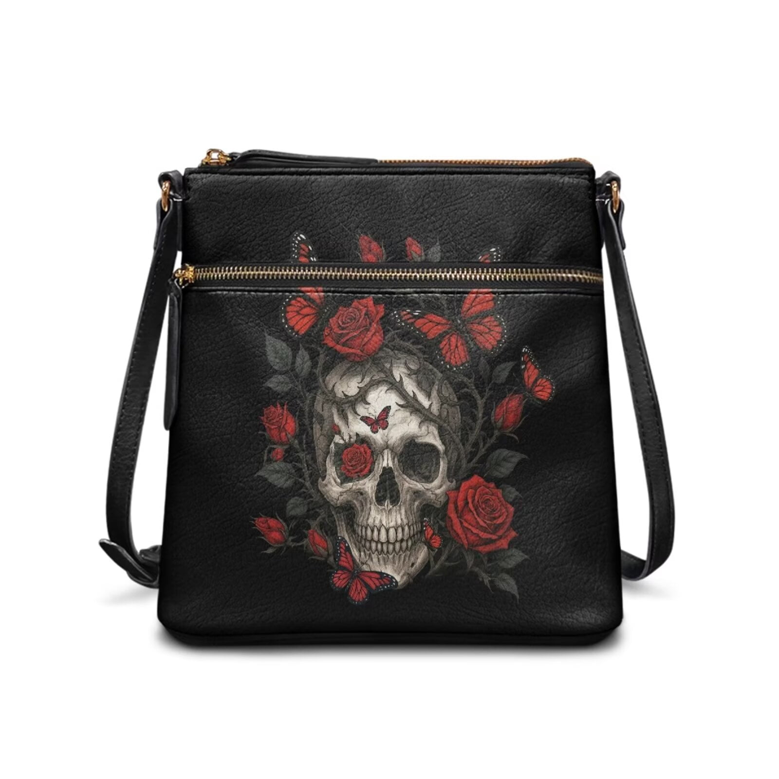 DISNIMO Crossbody Shoulder Bag Skull Butterfly Rose Print Satchel Shoulder Handbag with Zipper Fashion Leather Bucket Bags for Women