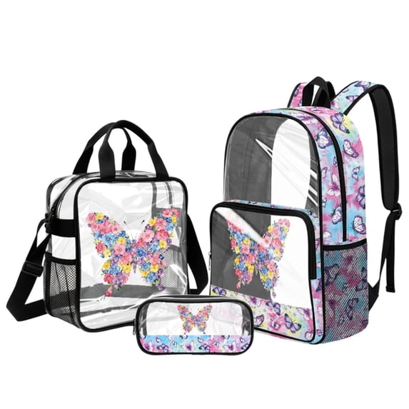 DISNIMO Cute Clear Backpack for School Kids, Butterfly Floral Print 3Pcs Stadium Approved 17 Inch PVC Transparent Bookbag Set with Lunch Box & Pencil Case for Kids Girls