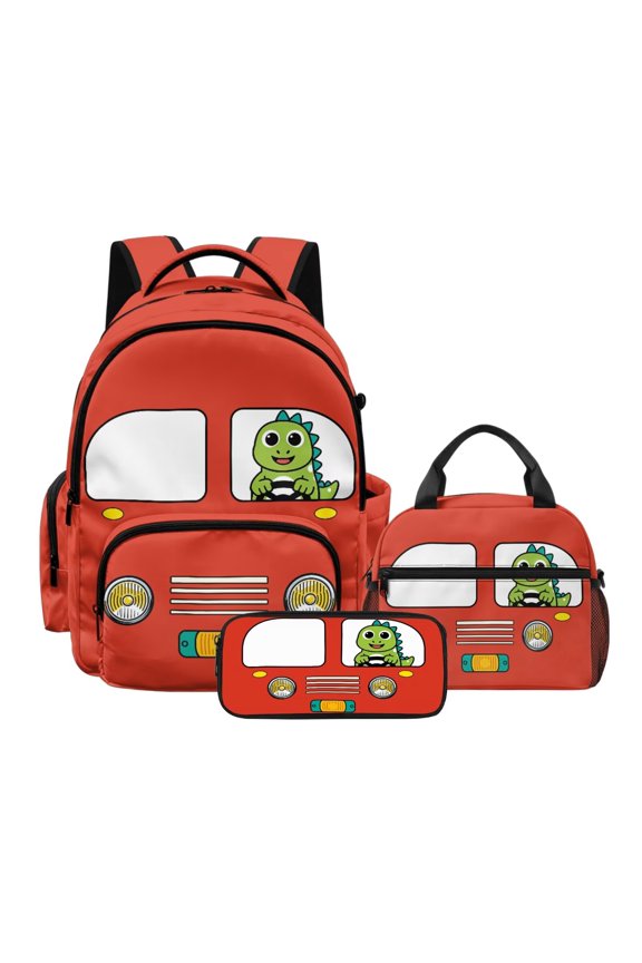 Cute Crocodile Printed 3Pcs Kids Backpack for Boys, Fire Engine Print Lightweight School Backpack and Lunch Box Set, Elementary Middle Schoolbag with Pencil Case, Back to School Supplies
