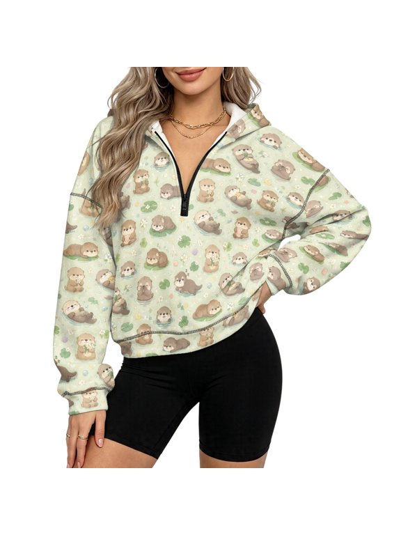 Cute Otter Half Zip Hoodie Women, Fleece Polyester Fabric Womens Hoodies Oversized Trendy Casual Women Half Zip Hoodies for Winter Airport Casual Wear, Size M