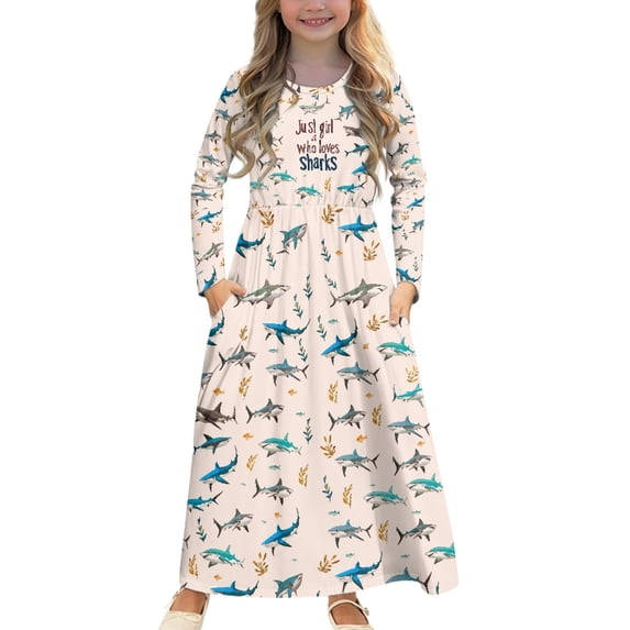 DISNIMO Cute Sharks Dress for Girls 13-14 Birthday Party Dresses for Girls Long Sleeve Dress with Pockets Kids Crew Neck Dress Long Sleeve Frock for Kids Dress Long Sleeve Casual Dress