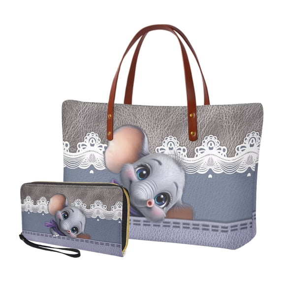 DISNIMO Cute Top Handle Handbag with Wallet Set for Women, Elephant Print Tote Satchel Shoulder Bag with PU Wallet, Casual Purses and Handbags Set for Shop, Travel, Work