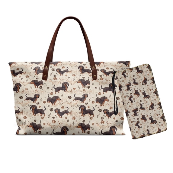 DISNIMO Dachshund Dog Print Handbag and Wallet Set PU Leather Tote Bag Purse with Matching Wallet Top Handle Satchel Shoulder Handbag for Daily Use