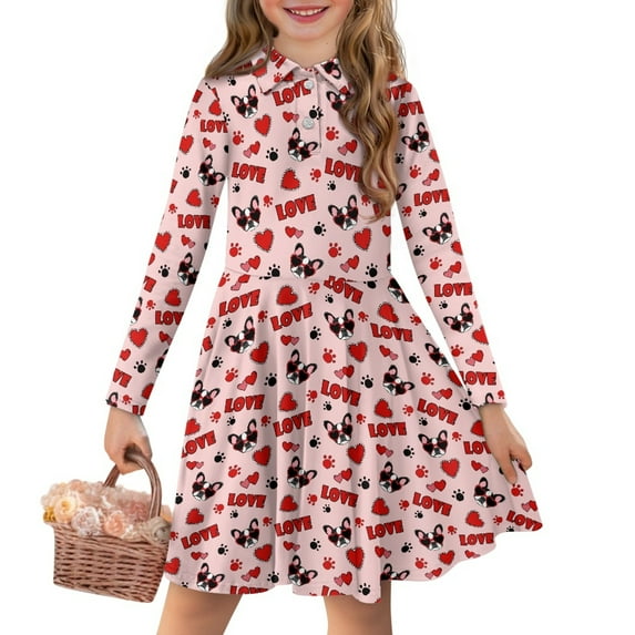 DISNIMO Dachshund Dress for Girls Heart Dresses Girls Paw Print Dress Kids Midi Dresses Girls Skater Dress with Collar Girls Long Sleeve Swing Dress Girl 4-5 Girls Dress Clothing for Children Fall