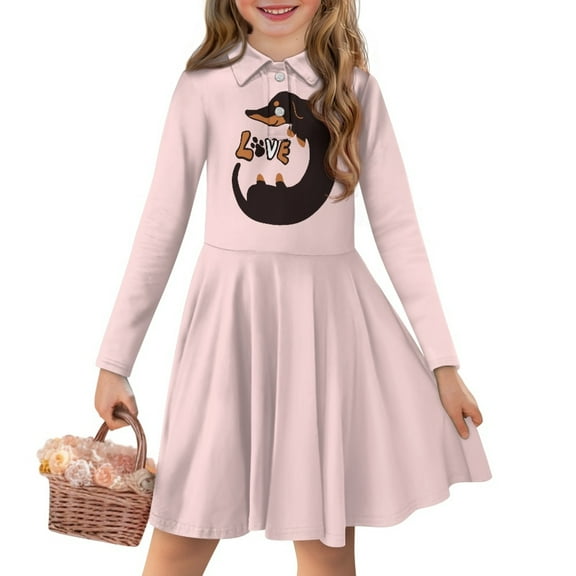 DISNIMO Dachshund Dress for Girls Pink Midi Dress Girls Clothes for Girls Dress with Collar Button Down Dress Kids Long Sleeve Skater Dress Child Sundress Girls 3-4 Animal Dresses for Girls Soft