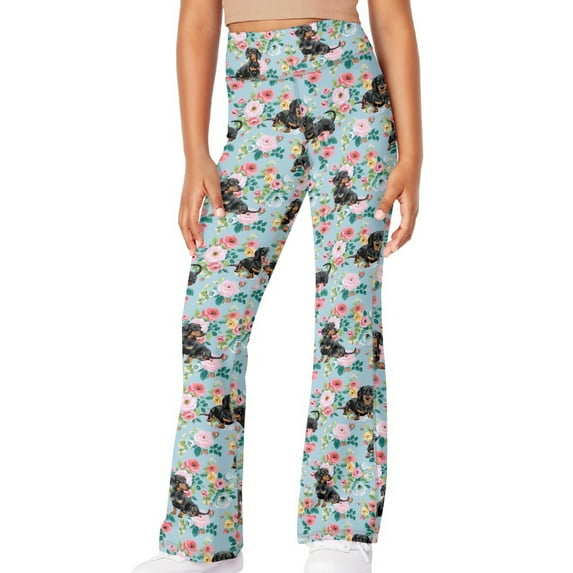 DISNIMO Dachshund Flower Flare Leggings for Girls Bell Bottoms Size 5/6 Yoga Pants for Kids Bell Bottoms Leggings for Girls High Waist Leggings for Girls Flare Pants for Kids