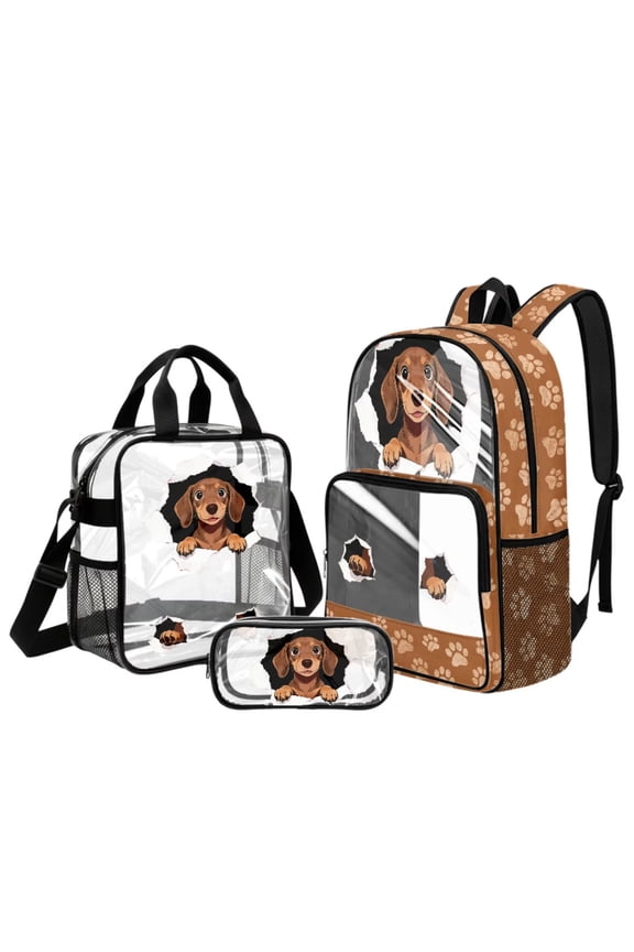 Dachshund Paw Print Clear Backpack for Girls, 3 Pcs Clear Backpack Set with Lunch Box and Pencil Case, Heavy Duty Transparent Bookbag See Through PVC School Bag
