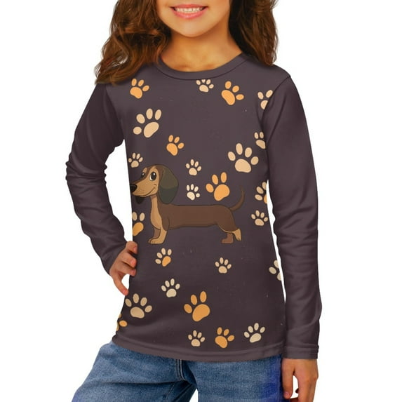 DISNIMO Dachshund Paw Print T Shirts Long Sleeve for Kids T Shirt Girls 9-10 Tshirts for Kids Girls Crew Neck Shirt Kids Cute T-Shirts for Kids Tshirt Loose Fit Shirt Kids Shirts Boys