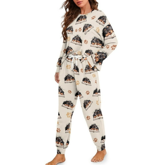 DISNIMO Dachshund Paw Print Women Two Piece Pajama Sets Soft Round Neck Sleepwear Casual Long Sleeve Nightwear with Long Pants, (Available in Plus Size), M
