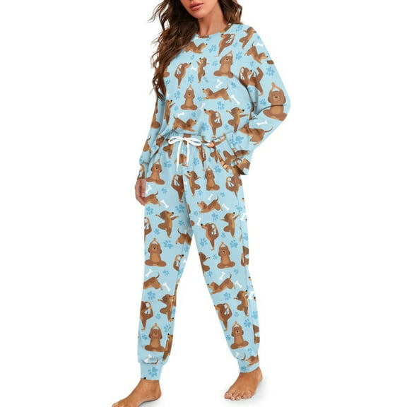 DISNIMO Dachshund Paw Printed Women's 2 Piece Lounge Sets Long-Sleeve Sleepwear with Matching Long Pajama Pant Set Crew Neck Pajama Outfits, S