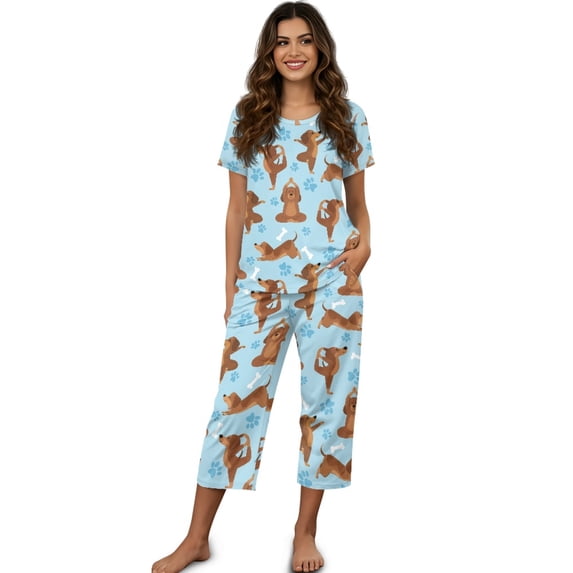 DISNIMO Dachshund Printed Women's Pajama Sets, Dog Paw Printed Sleepwear Soft 2 Piece Pjs Set Short Sleeve Tops and Capri Pant Lounge, L