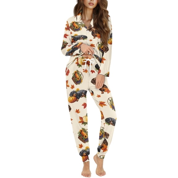 DISNIMO Dachshund Pumpkin Print Women's 2 Piece Lounge Sets Casual Fashion Sleepwear Button Down Nightwear Long Sleeve Loungewear with Long Pajama Pants