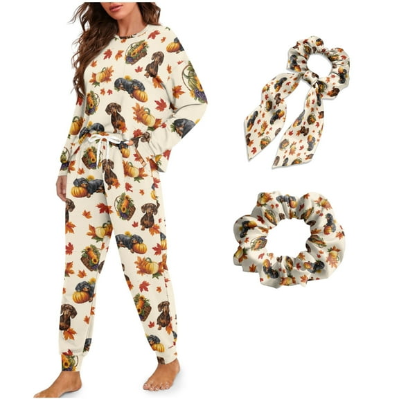 DISNIMO Dachshund Pumpkin Print Womens Pajama Set Maple Leaf Printed Long Sleeve Sleepwear with Hairband Crew Neck Sleepwear Ladies Lounge Sets with Long Pants Fashion Fall Pajama Outfits, 2XL