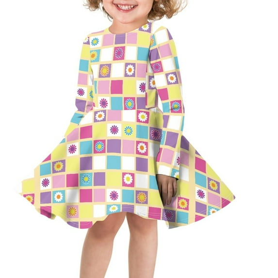 DISNIMO Daisy Print Dress for Girls Check Dress Long Sleeve Girls Skater Dress Kids Colorful Dress for Girls Twirly Dresses Size 7-8 Girls Cute Dress for Kids Girls Preppy Dress Child Fall Dress