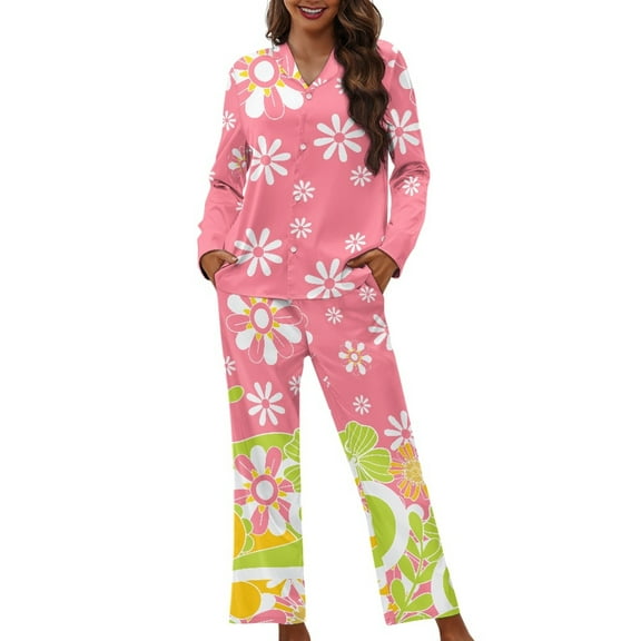 DISNIMO Daisy Print Women Pajama Sets Long Sleeve Sleepwear with Long Pants 2 Piece Lounge Set with Pockets Button Down Loungewear Nightwear, XS