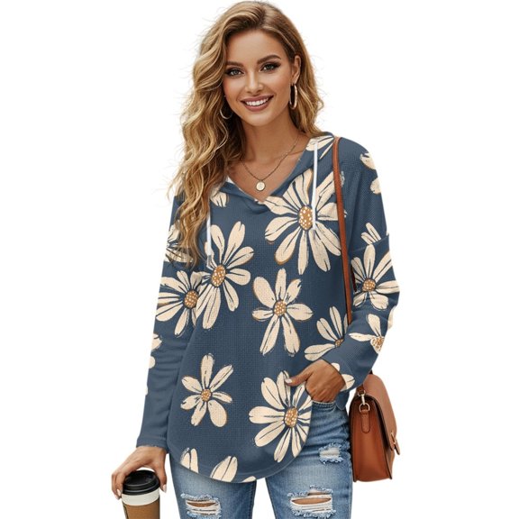 DISNIMO Daisy Printed Shirts for Women Dressy Casual Hoodies Long Sleeve Pullover Tops V Neck Sweatshirts for Daily Wear, XL