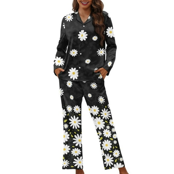 DISNIMO Daisy Printed Women 2 Piece Lounge Sets Long Sleeve Pajama Sets with Long Pants Casual Loose Sleepwear with Pockets Comfy V Neck Loungewear Nightwear, S