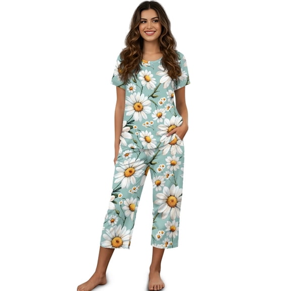 DISNIMO Daisy Printed Women's Pajama Sets Short Sleeve Tops and Capri Pant Pjs Soft Sleepwear with Pockets, 3XL