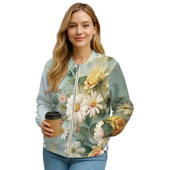 DISNIMO Daisy Printed Women's Zip Up Sweatshirt V Neck Jackets Zip Up Outwear Long Sleeve Sweatshirts with Pockets, S