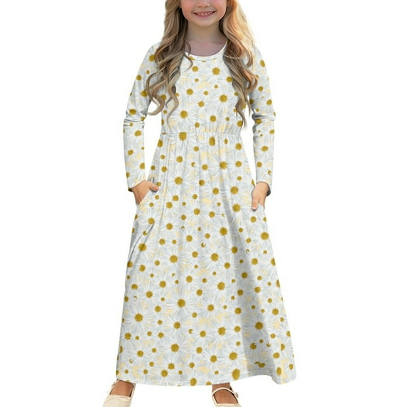 DISNIMO Daisy White Kids Long Sleeve Dresses for Girls Long Sleeve Dresses Size 11-12 Dress with Pockets for Kids Dress Long Sleeve Lightweight Girls Fall Midi Dress with Sleeves