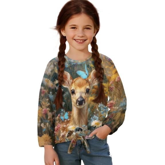 DISNIMO Deer Butterfly Daisy Print Girls Long Sleeve Shirts Lace-up Crew Neck Tops Kids Casual Tee Soft Pullover Tops Loose Fit Tunic Blouses
