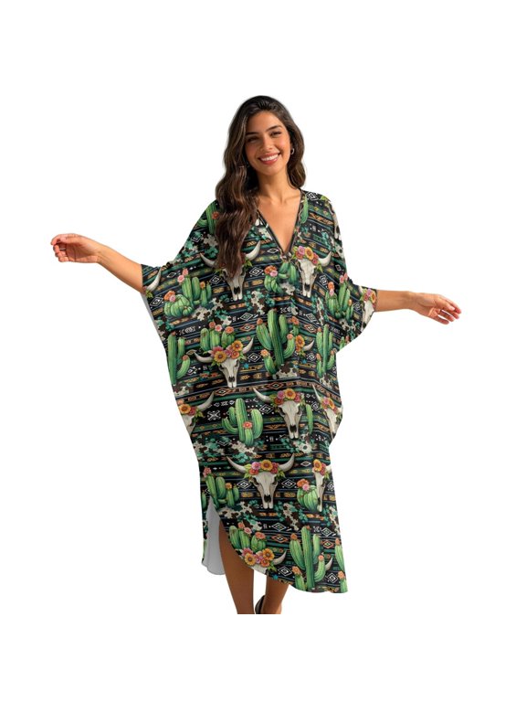 Deer Cactus Aztec Print Kaftan Dresses for Women Plus Size V Neck Swimsuit Cover Ups Women's Long Cover Up for Bathing Suit Batwing Sleeve Swimsuit Coverups Soft Loungewear