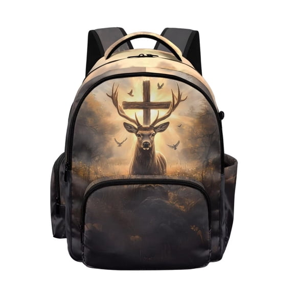 DISNIMO Deer Cross Print 17 Inch Sturdy Wear-Resistant Kids School Backpack, Adjustable Padded Straps Lightweight Book Bag for Boys Girls Daily School Use