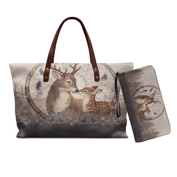 DISNIMO Deer Dreamcatcher Print Tote Bag with Wallet PU Leather Handbag Wallet Set for Women Stylish Portable Shoulder Bags for Work Party Shopping