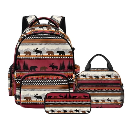 DISNIMO Deer Forest Print Backpack for Kids with Lunch Bag & Pencil Case, Aztec Tribal Printed 3 Pcs School Backpack Set for Middle High School Students, Back to School Gifts