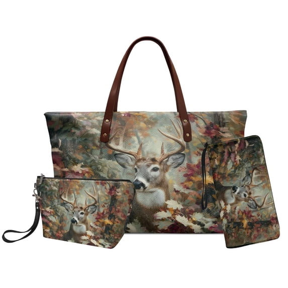 DISNIMO Deer Print Handbag Wallet Set for Women Camo Hunting Print Tote Bag Purse with Matching Wallet & Make Up Bag PU Leather Top Handle Handbag for Daily Use