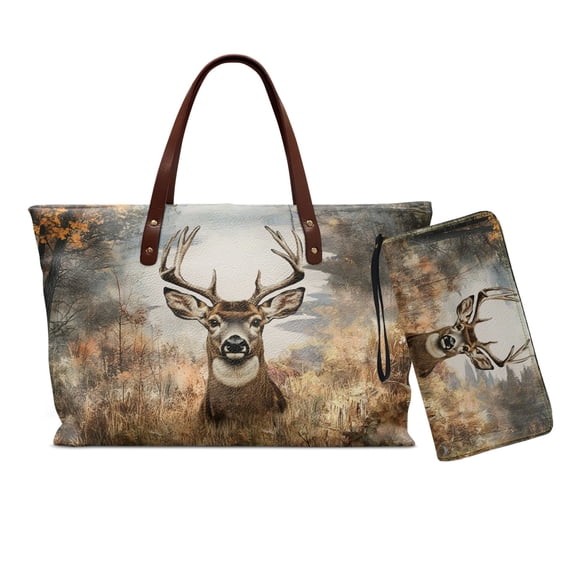 DISNIMO Deer Print Handbag and Wallet Set Womens Tote Bag with Wallet PU Leather Satchel Shoulder Purse with Zipper for Daily Use