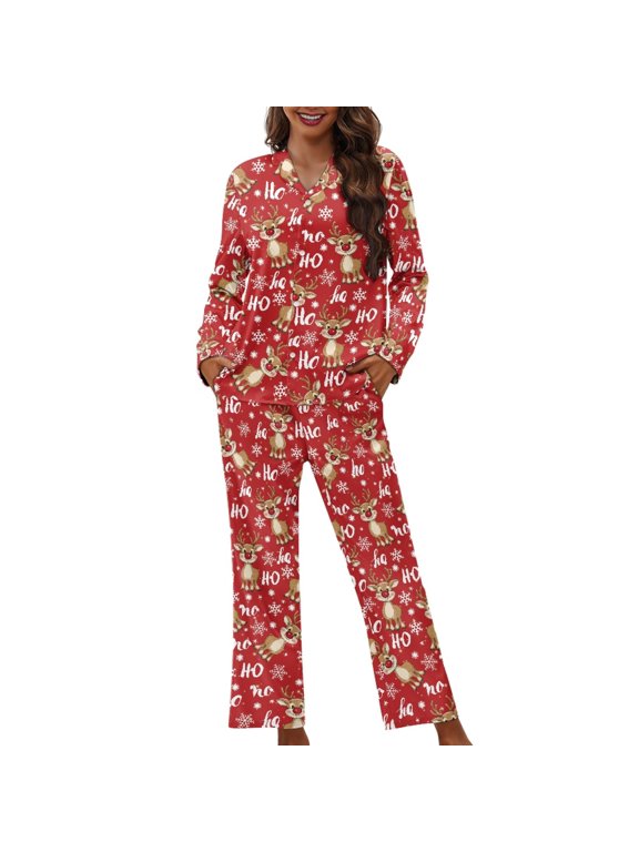 Deer Snowflake Printed Women'S Pajama Sets Christmas 2 Piece Pj Sets Long Sleeve Top Wide Leg Pants Casual V Neck Sleepwear Loungewear Button Down Nightwear with Pockets, XS